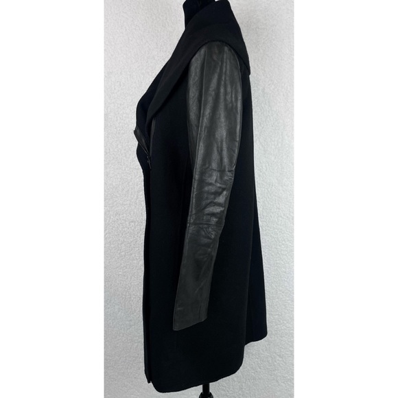 VINCE • Black Leather-Sleeve Shawl Collar Wool Trench Coat - Picture 4 of 15